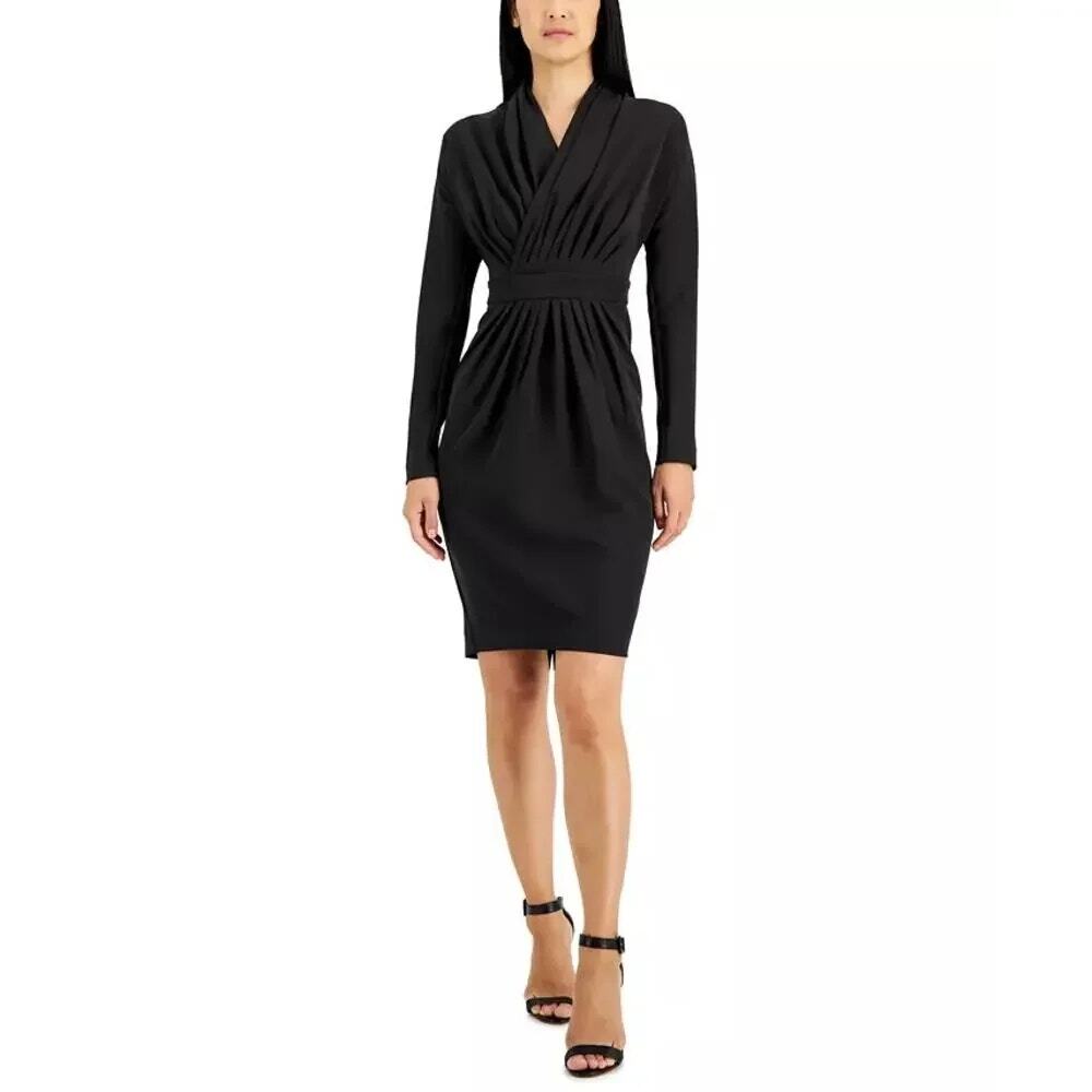 Donna Karan Minimalist Icon Pleated Long Sleeve Academia Dress Black NWT 6 $425